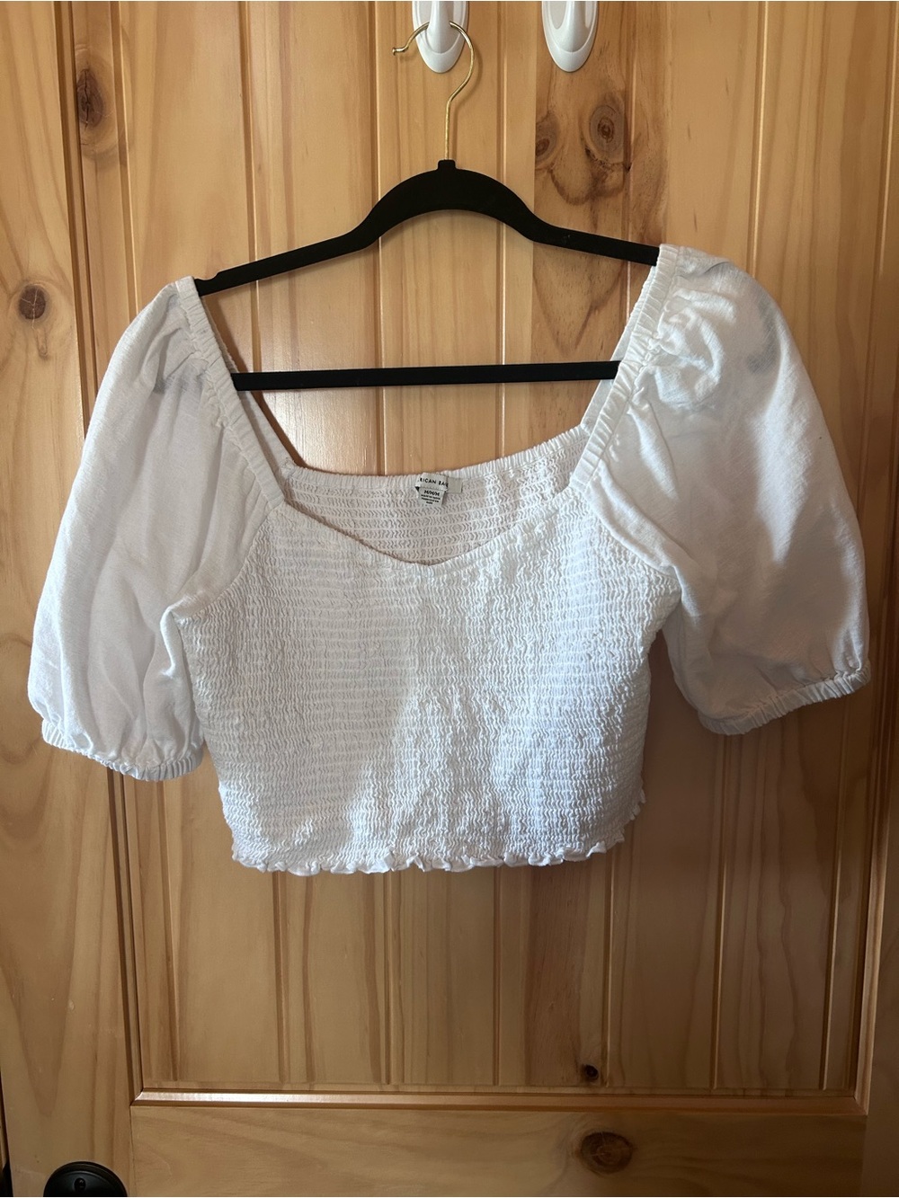 American Eagle Outfitters White Smocked Puff-Sleeve Crop Top